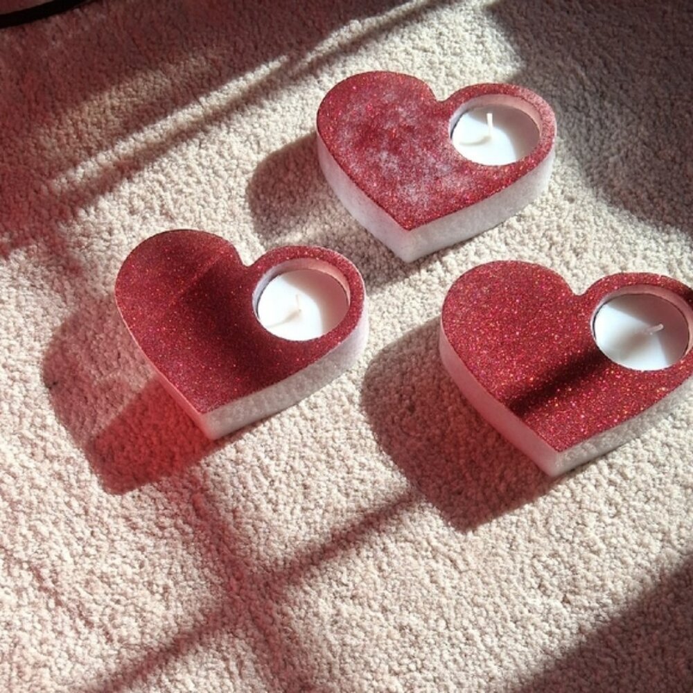 Heart-Shaped Red Glitter Tealight Holders